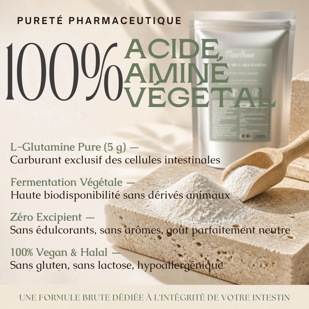 Poudre de L-Glutamine Pure MoonRose (500 g) — Confort Intestinal, Perméabilité Digestive & Récupération Musculaire | 100 % Végétale Sans Additifs | Cure 100 Jours | Certifié Halal - MoonRose