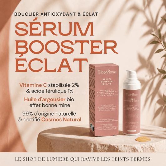 Sérum Booster Éclat MoonRose (30 ml) — Vitamine C 2 %, Acide Férulique 1 %, Argousier Bio & Acide Hyaluronique | Teint Lumineux & Unifié | Cosmos Natural - MoonRose