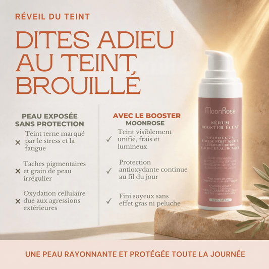 Sérum Booster Éclat MoonRose (30 ml) — Vitamine C 2 %, Acide Férulique 1 %, Argousier Bio & Acide Hyaluronique | Teint Lumineux & Unifié | Cosmos Natural - MoonRose