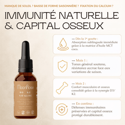 Vitamines D3 + K2 Vitalité - 1,700 Drops (1,000 I.U.) - 50ml - Format familial longue durée - MoonRose