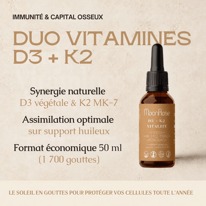 Vitamines D3 + K2 Vitalité - 1,700 Drops (1,000 I.U.) - 50ml - Format familial longue durée - MoonRose